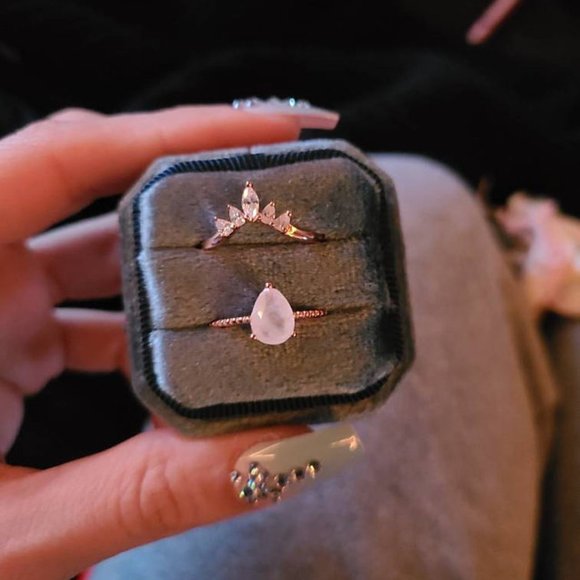 Pear Cut Genuine Moonstone Ring- Two Ring Set - Picture 4 of 8